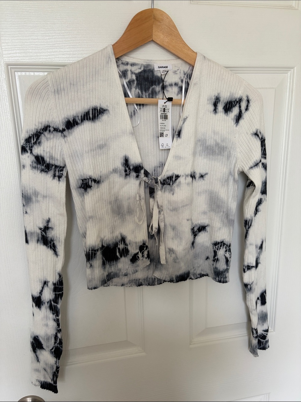 Garage Women's White & Black Tie-Dye Ribbed Tie-Front Cardigan